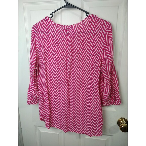 Stylus Woman L Blouse V Neck Pink White Chevron Pullover 3/4 Sleeves - Picture 10 of 10